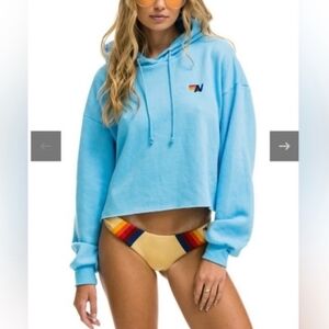 Aviator Nation Bolt Stripe Relaxed Cropped Hoodie Sweatshirt Sky Blue Large